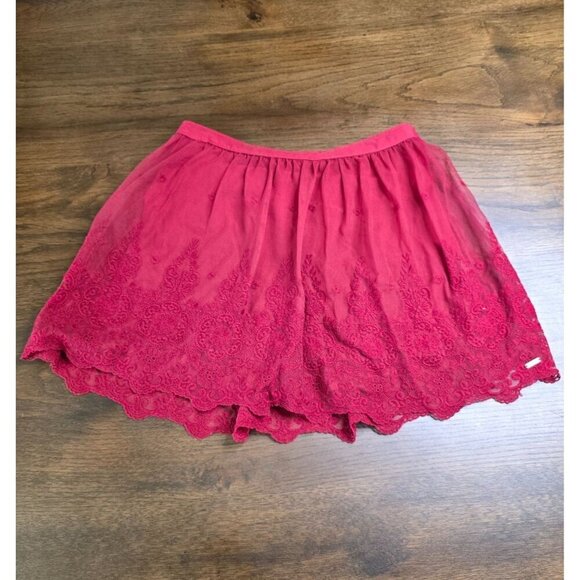Hollister Womens Red Lace Overlay Skirt Medium Nylon & Cotton Blend Scalloped He - Picture 1 of 12